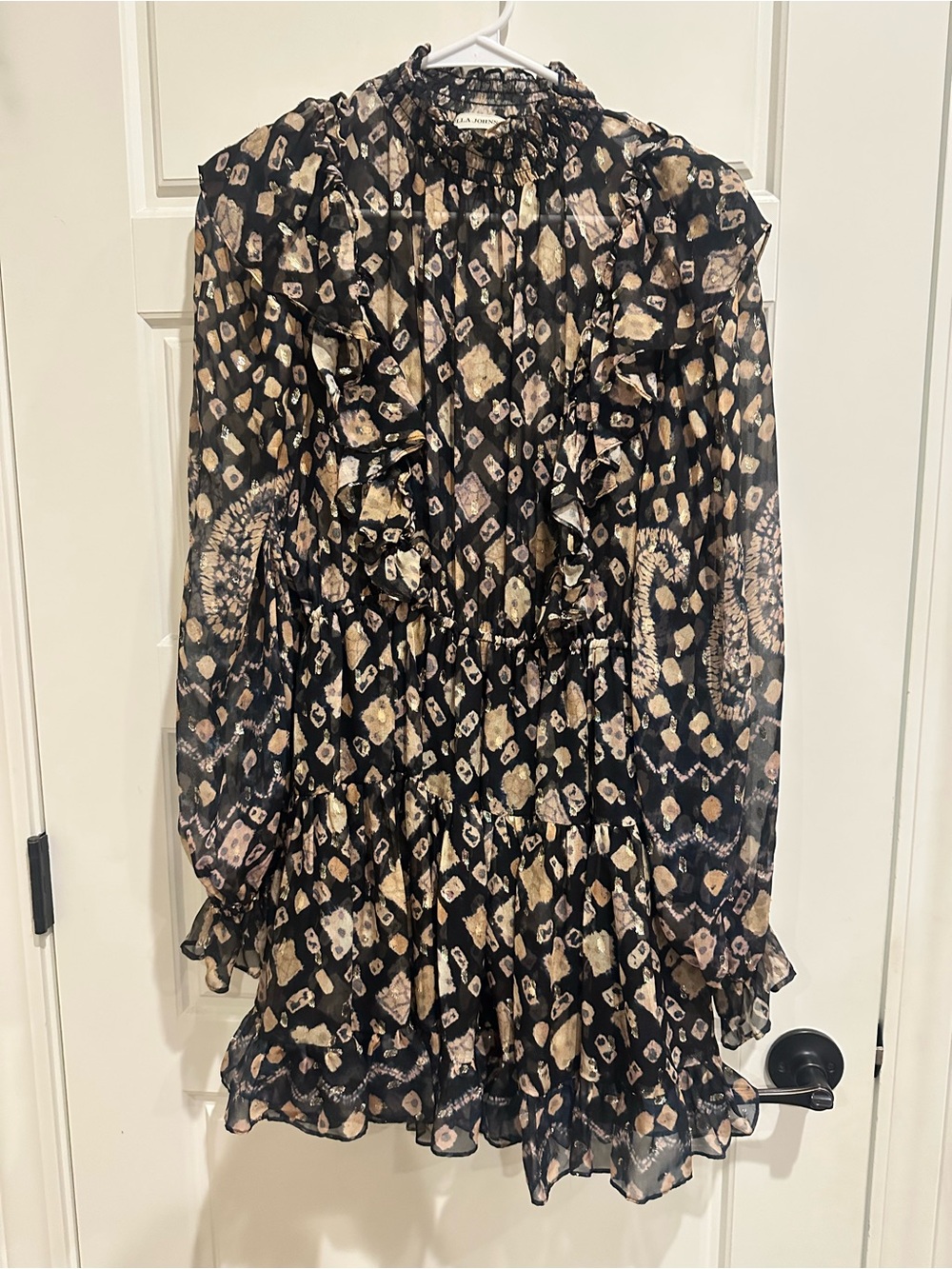 Ulla Johnson Black & Beige Printed Ruffle Tiered Dress. NWOT